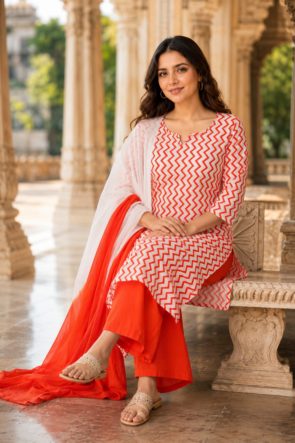 Orange, White Printed Cotton Kurta Set for Women with Dupatta & Pant | Summer Ethnic Wear