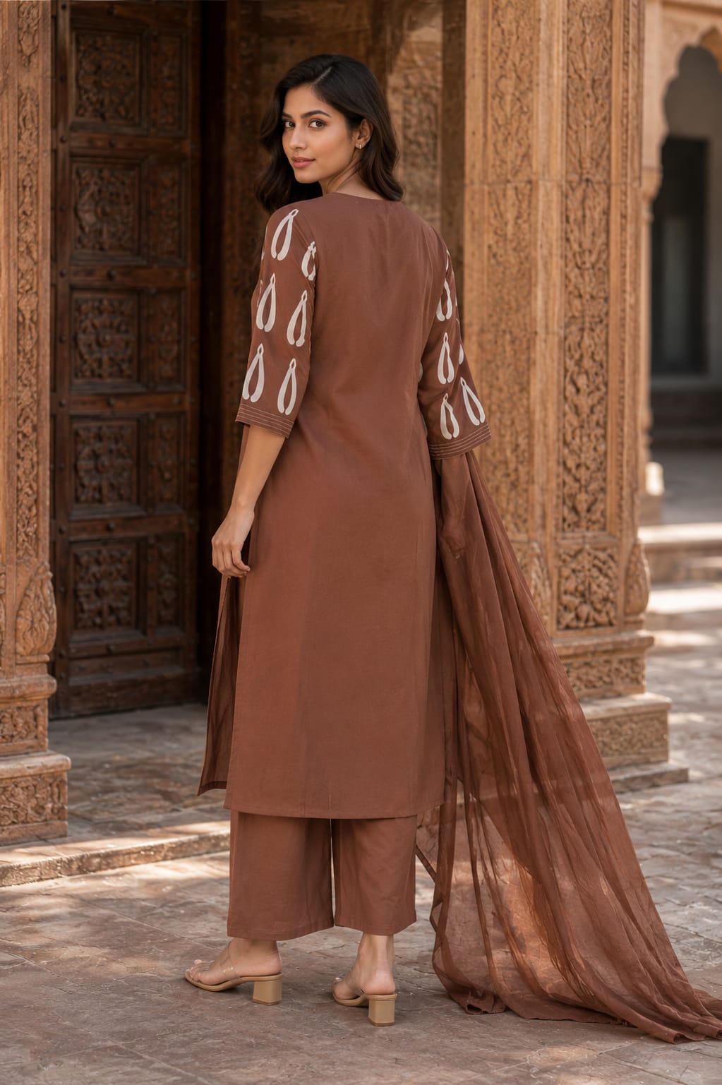 ERISHA Brown Cotton Kurta Pant Dupatta Set for Women | Printed Ethnic Wear Suit Set