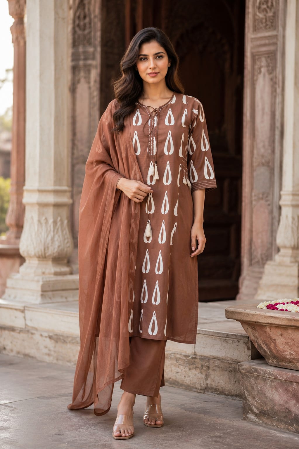 ERISHA Brown Cotton Kurta Pant Dupatta Set for Women | Printed Ethnic Wear Suit Set