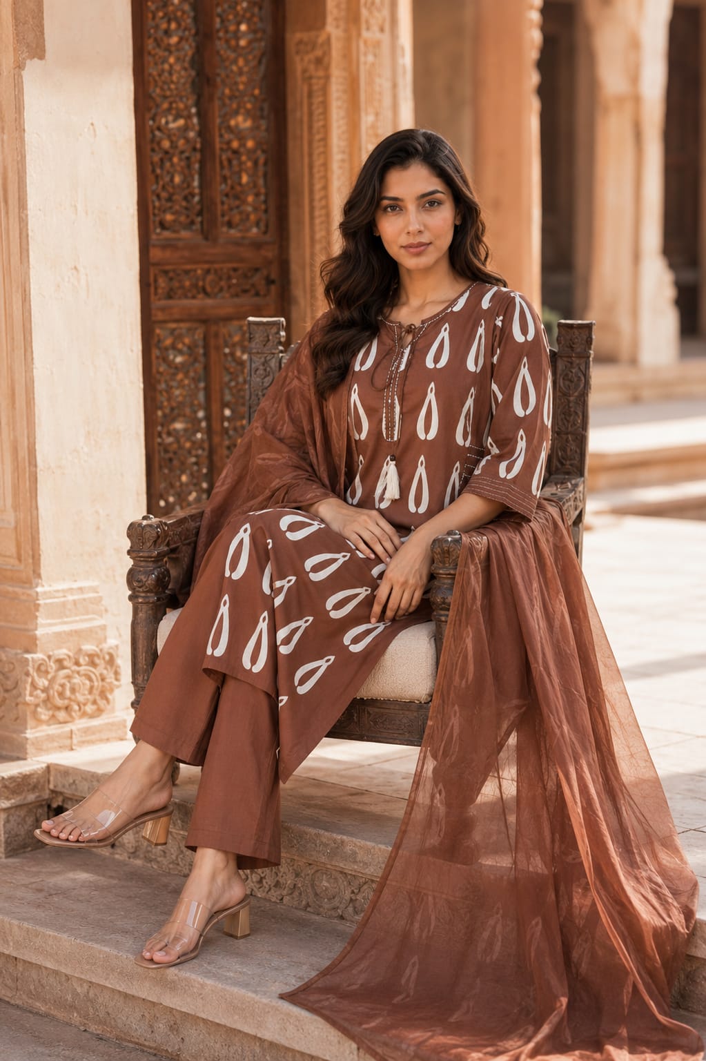 ERISHA Brown Cotton Kurta Pant Dupatta Set for Women | Printed Ethnic Wear Suit Set