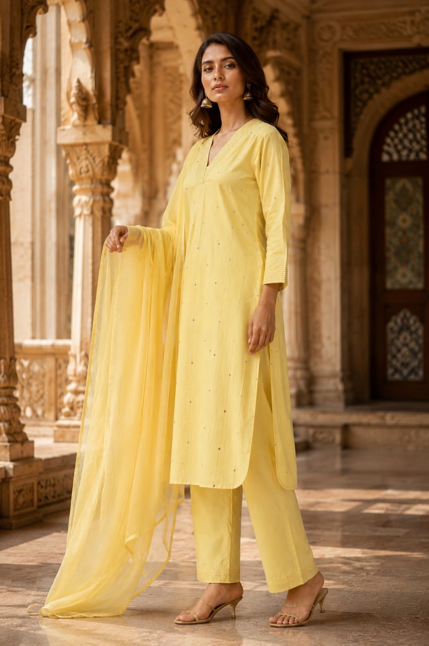 Women pure cotton kurta pant dupatta set