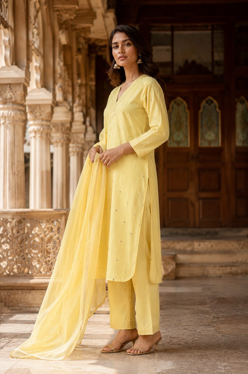 Women pure cotton kurta pant dupatta set