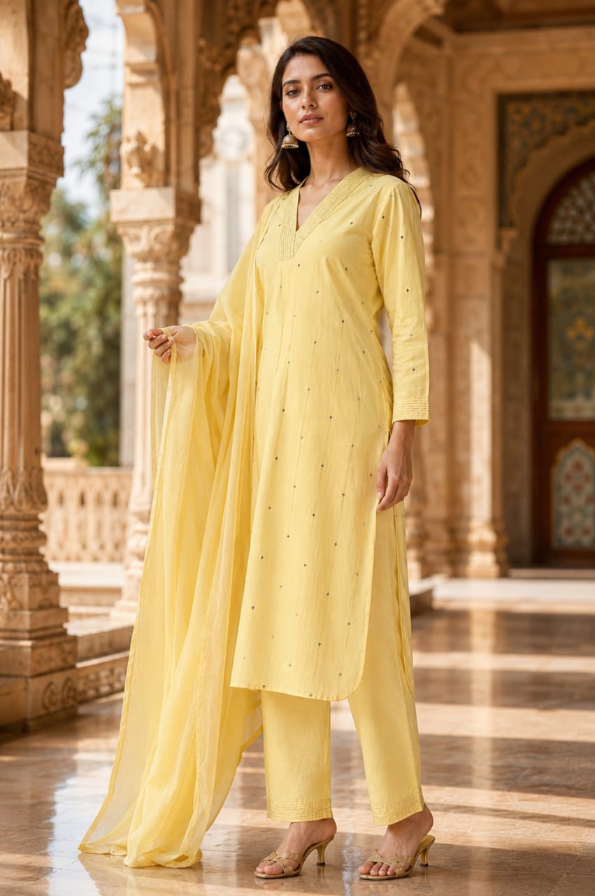Women pure cotton kurta pant dupatta set