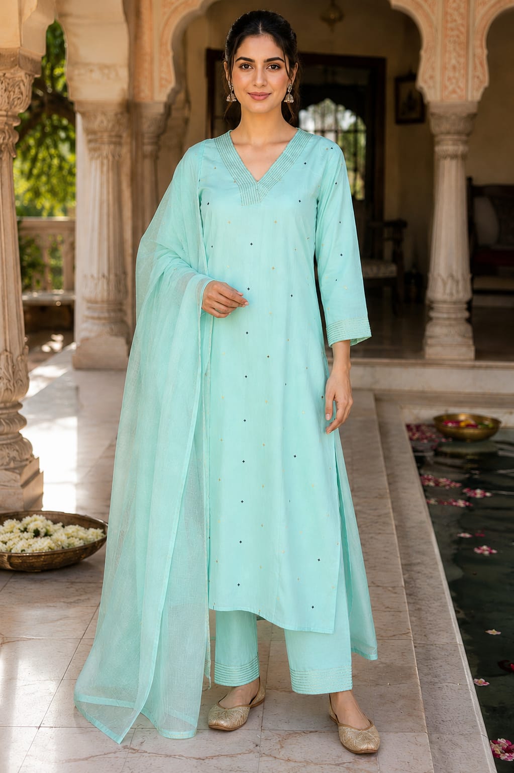 Women pure cotton embroidered kurta pant dupatta set