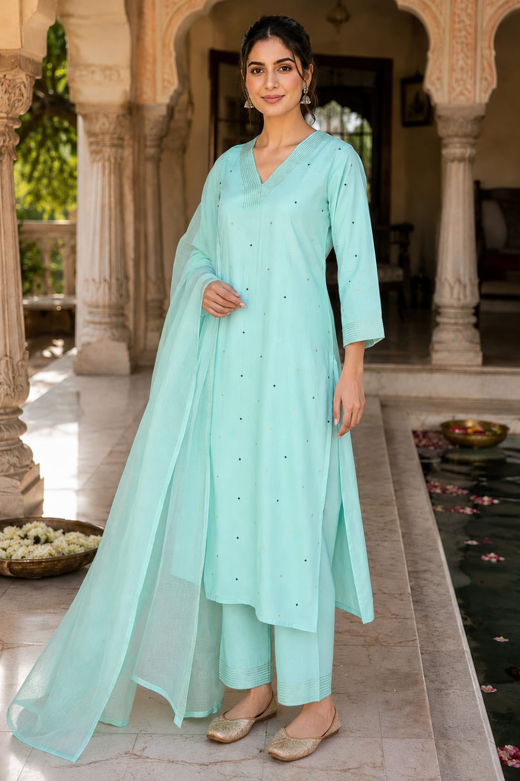 Women pure cotton embroidered kurta pant dupatta set