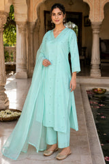 Women pure cotton embroidered kurta pant dupatta set