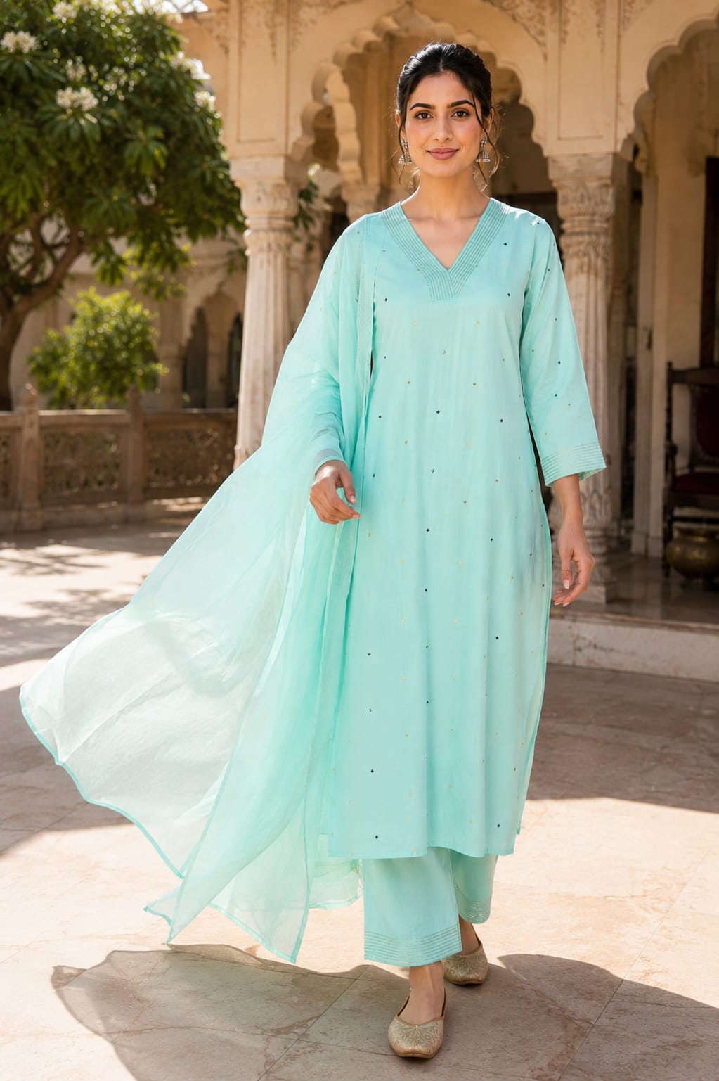 Women pure cotton embroidered kurta pant dupatta set