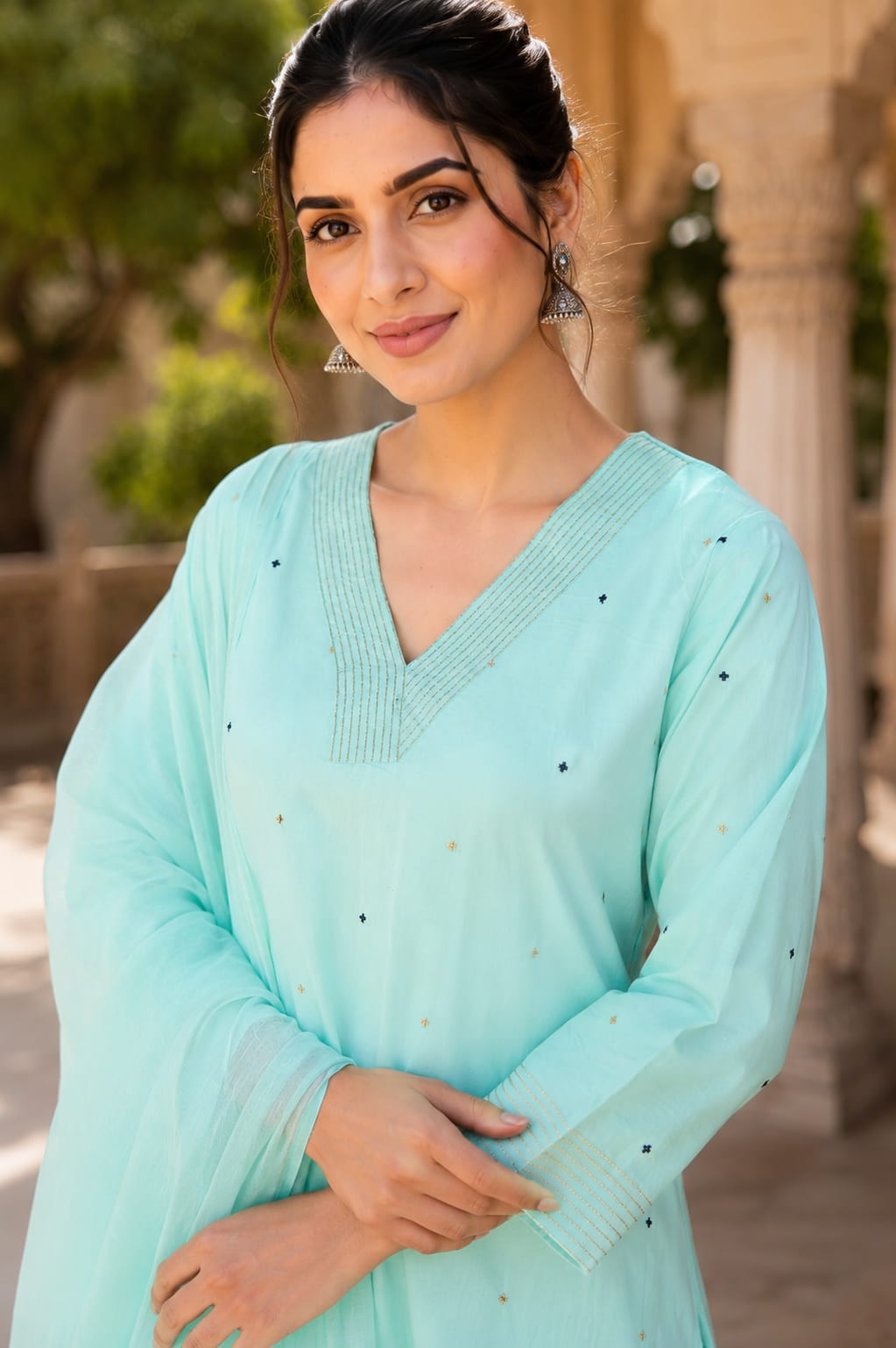 Women pure cotton embroidered kurta pant dupatta set