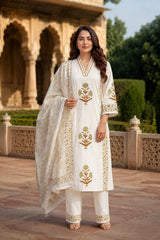 Premium White Cotton Hand Block Printed Kurta Set with Dupatta for Women | Elegant Ethnic Wear