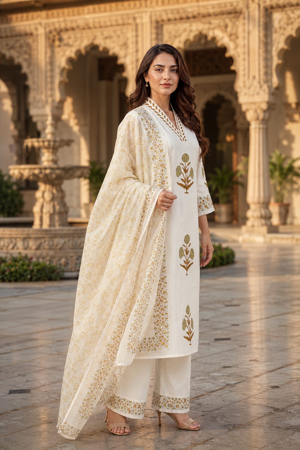 Premium White Cotton Hand Block Printed Kurta Set with Dupatta for Women | Elegant Ethnic Wear