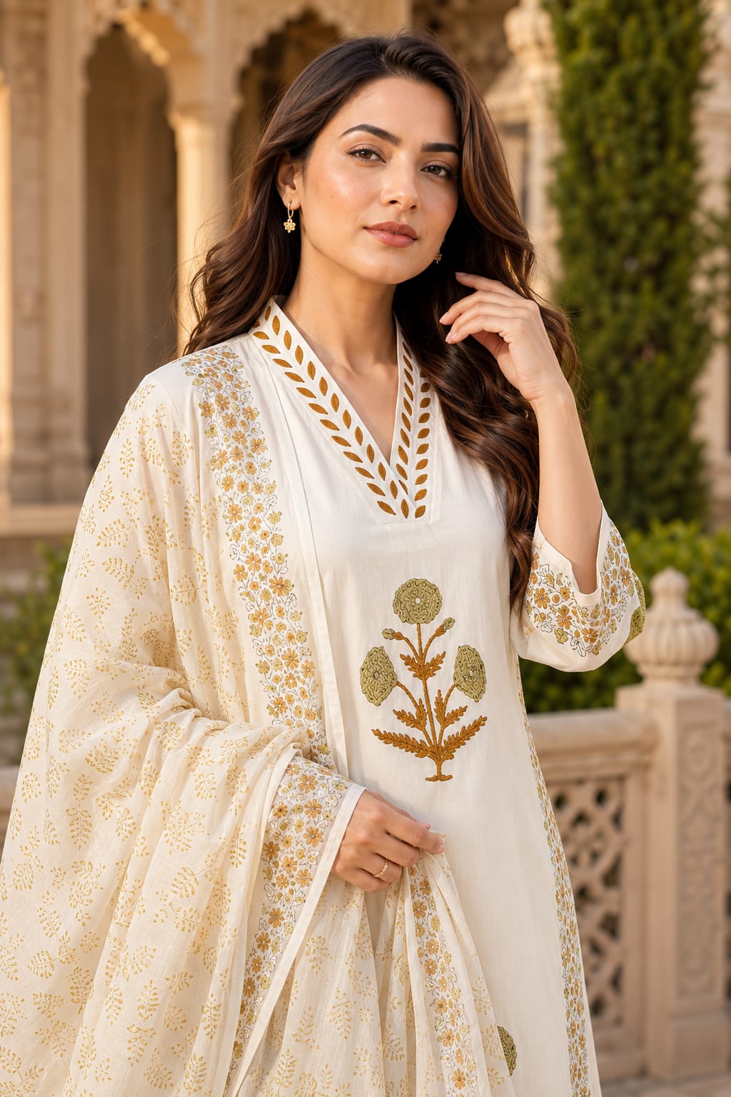 Premium White Cotton Hand Block Printed Kurta Set with Dupatta for Women | Elegant Ethnic Wear