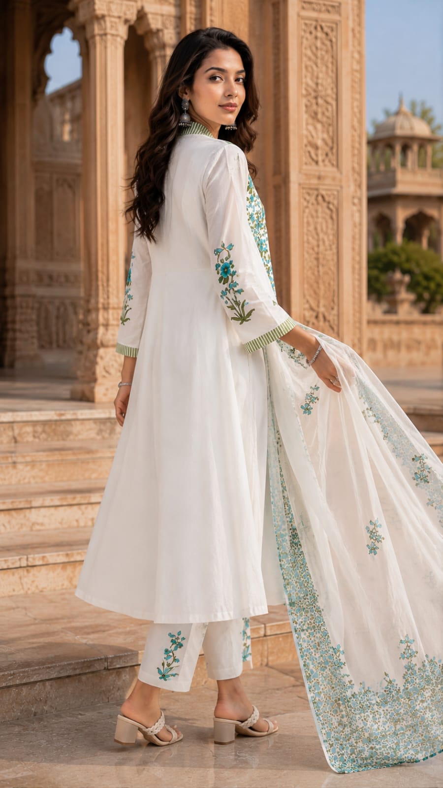White Floral Printed Cotton Kurta Set with Pant & Dupatta for Women | Elegant Summer Ethnic Wear