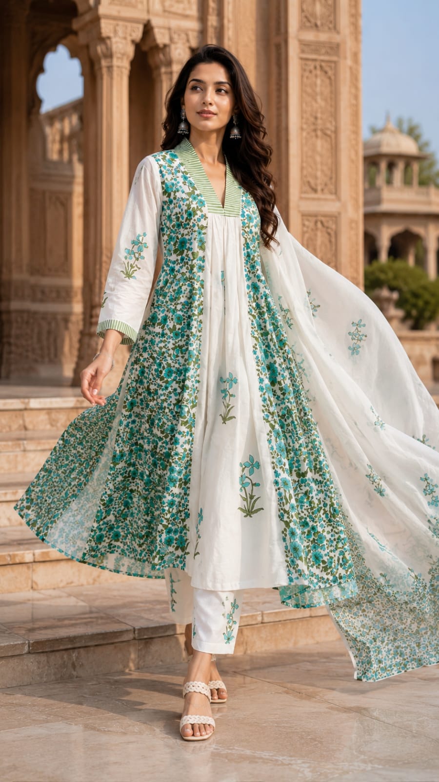 White Floral Printed Cotton Kurta Set with Pant & Dupatta for Women | Elegant Summer Ethnic Wear