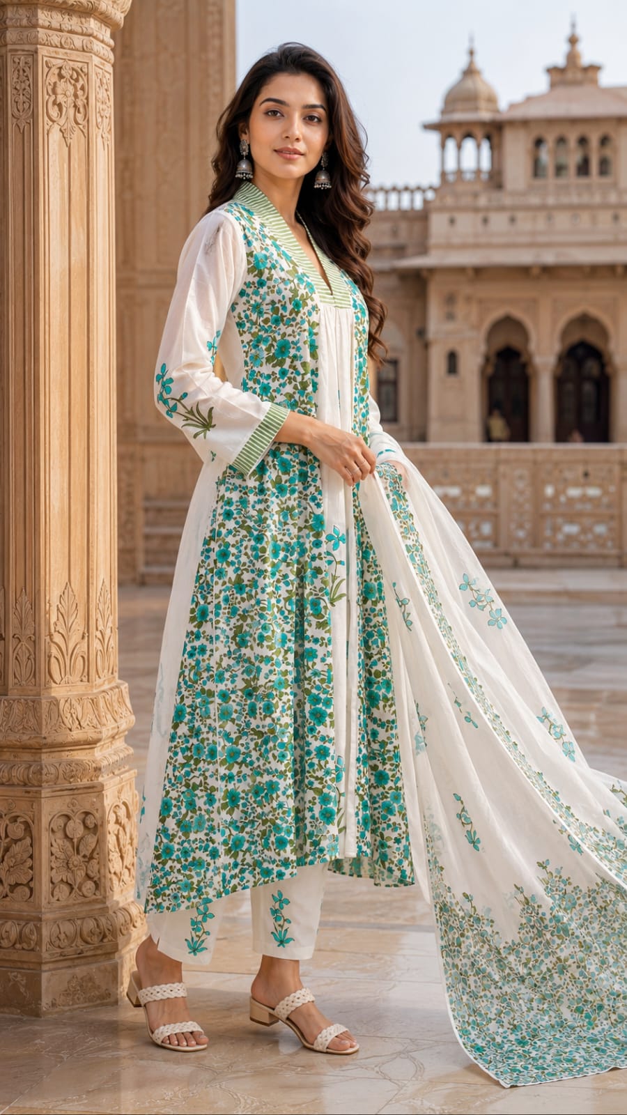 White Floral Printed Cotton Kurta Set with Pant & Dupatta for Women | Elegant Summer Ethnic Wear