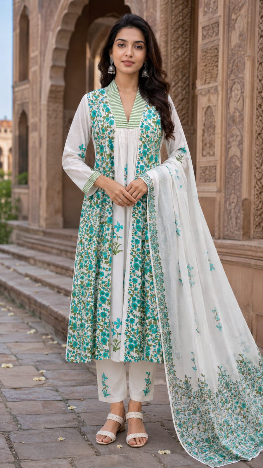 White Floral Printed Cotton Kurta Set with Pant & Dupatta for Women | Elegant Summer Ethnic Wear