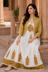 Women's Hand Block Print Mal Cotton Flared Kurti with Separate Jacket | Cotton Lining | Ethnic Summer Wear | Erisha