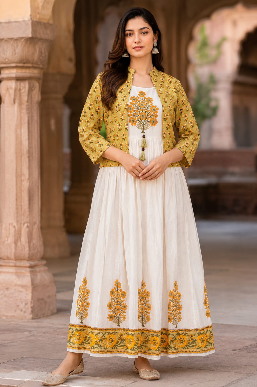 Women's Hand Block Print Mal Cotton Flared Kurti with Separate Jacket | Cotton Lining | Ethnic Summer Wear | Erisha