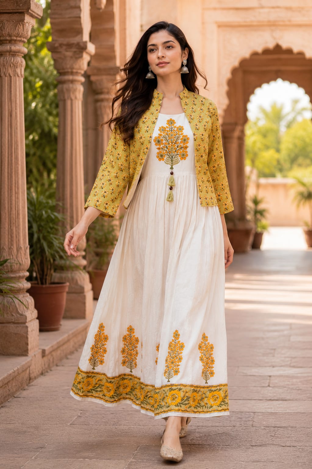 Women's Hand Block Print Mal Cotton Flared Kurti with Separate Jacket | Cotton Lining | Ethnic Summer Wear | Erisha