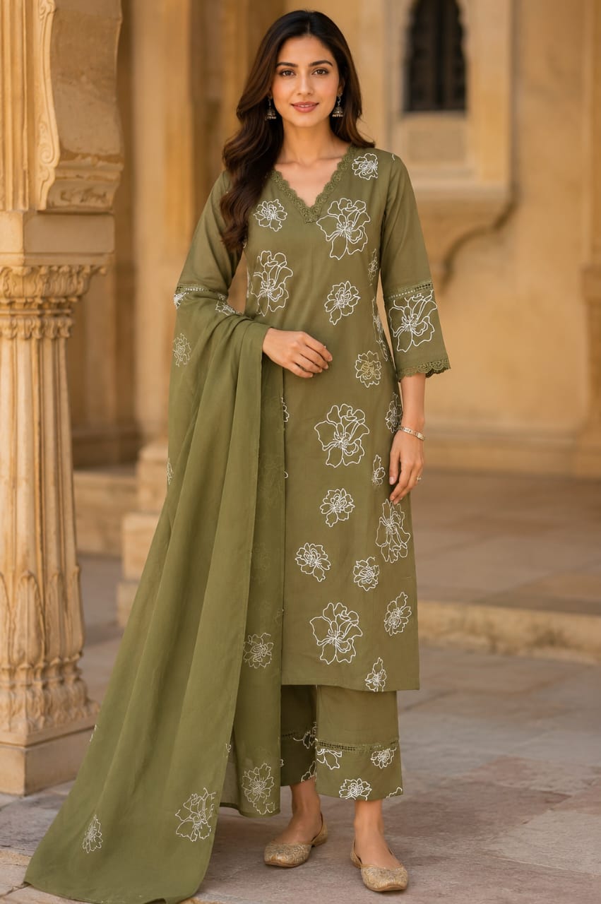 Olive Green Pure Cotton Floral Embroidered Kurta Pant Dupatta Set for Women | V-Neck Straight Fit Ethnic Suit | Summer Wear by Erisha
