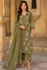 Olive Green Pure Cotton Floral Embroidered Kurta Pant Dupatta Set for Women | V-Neck Straight Fit Ethnic Suit | Summer Wear by Erisha