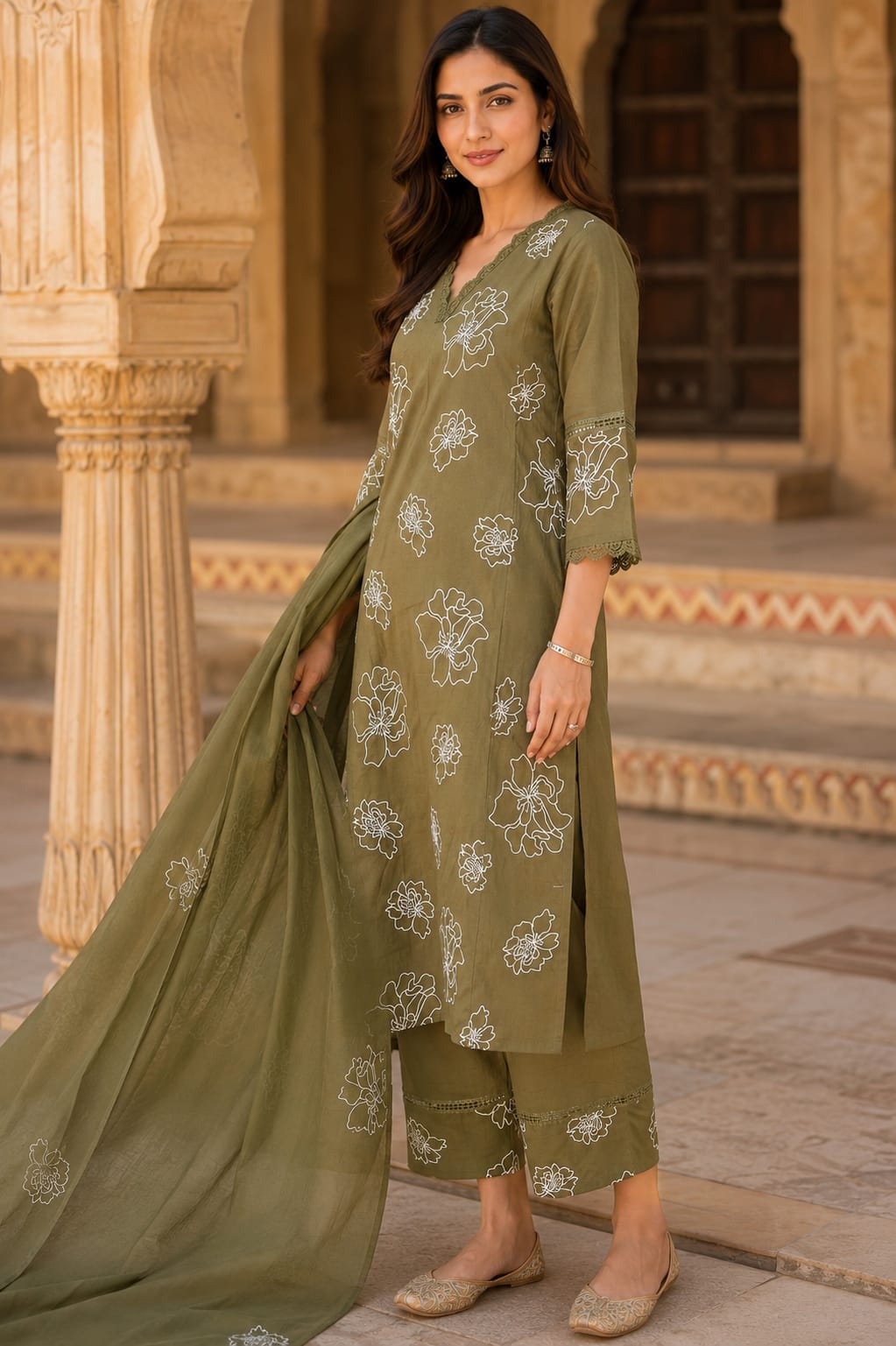 Olive Green Pure Cotton Floral Embroidered Kurta Pant Dupatta Set for Women | V-Neck Straight Fit Ethnic Suit | Summer Wear by Erisha