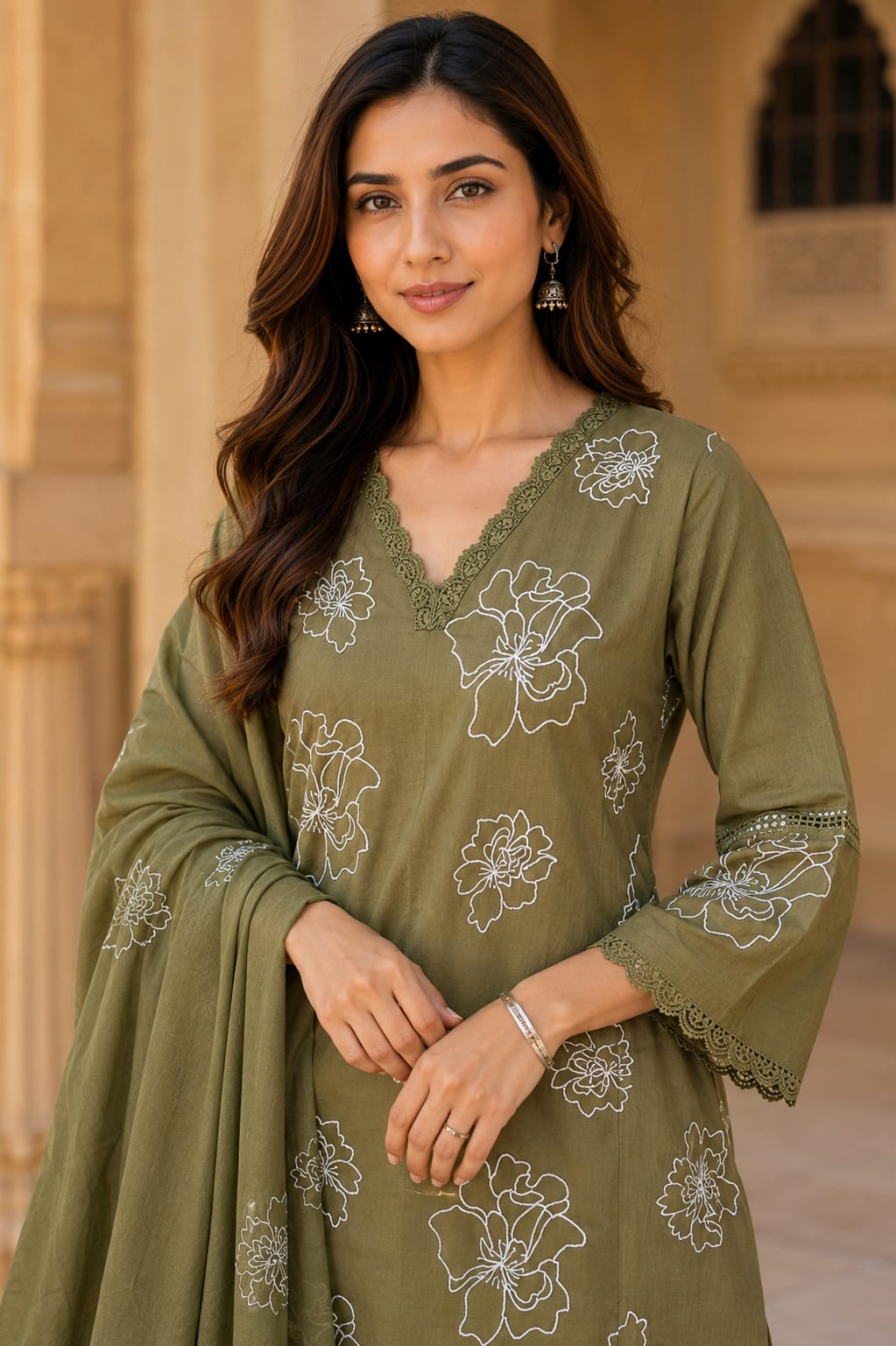 Olive Green Pure Cotton Floral Embroidered Kurta Pant Dupatta Set for Women | V-Neck Straight Fit Ethnic Suit | Summer Wear by Erisha