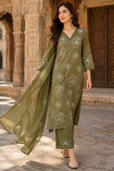 Olive Green Pure Cotton Floral Embroidered Kurta Pant Dupatta Set for Women | V-Neck Straight Fit Ethnic Suit | Summer Wear by Erisha