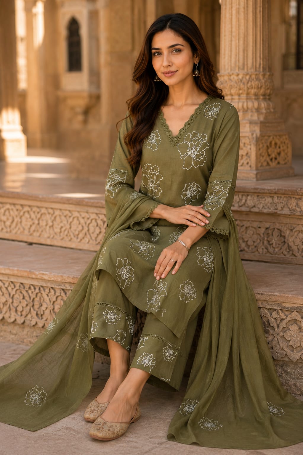 Olive Green Pure Cotton Floral Embroidered Kurta Pant Dupatta Set for Women | V-Neck Straight Fit Ethnic Suit | Summer Wear by Erisha