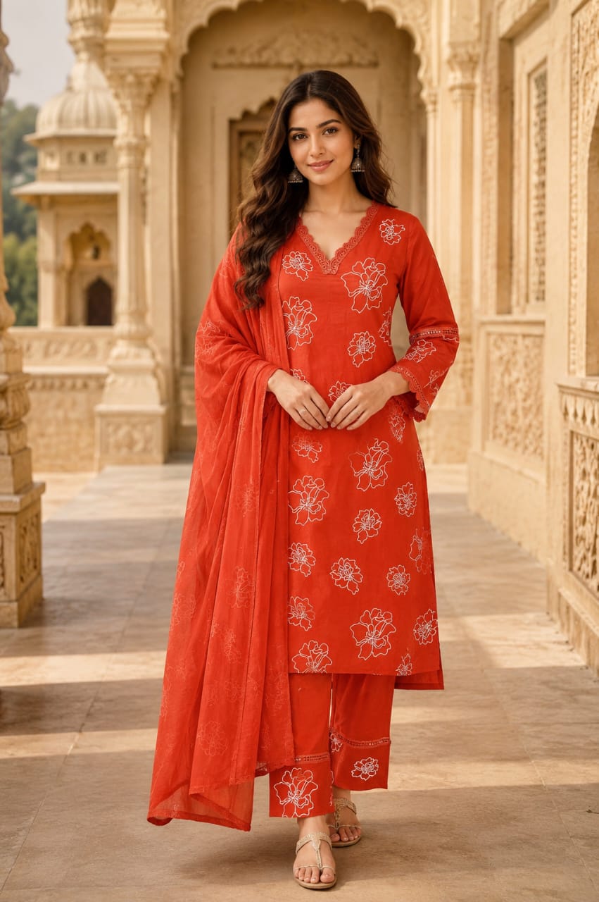 Erisha Women's Pure Cotton Floral Embroidered Kurta Pant Dupatta Set | V-Neck Lace Detail | Soft Summer Ethnic Wear | Festive & Casual Suit Set
