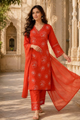 Erisha Women's Pure Cotton Floral Embroidered Kurta Pant Dupatta Set | V-Neck Lace Detail | Soft Summer Ethnic Wear | Festive & Casual Suit Set