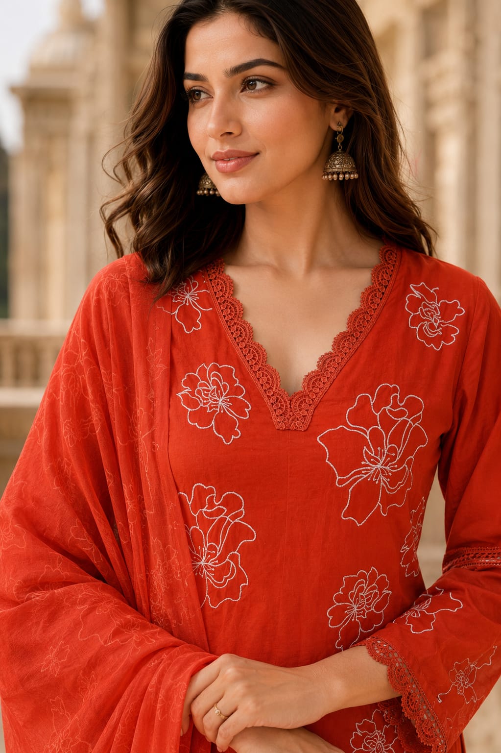 Erisha Women's Pure Cotton Floral Embroidered Kurta Pant Dupatta Set | V-Neck Lace Detail | Soft Summer Ethnic Wear | Festive & Casual Suit Set