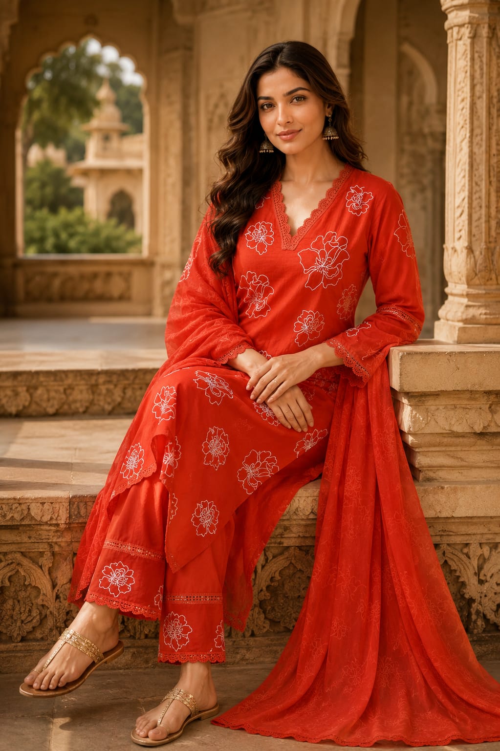 Erisha Women's Pure Cotton Floral Embroidered Kurta Pant Dupatta Set | V-Neck Lace Detail | Soft Summer Ethnic Wear | Festive & Casual Suit Set