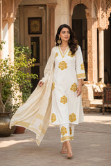 Pure Cotton Hand Block Printed White Kurta Set with Dupatta for Women | Floral printed & Sequin Work | Premium Ethnic Wear