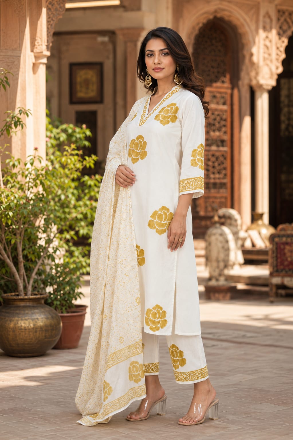 Pure Cotton Hand Block Printed White Kurta Set with Dupatta for Women | Floral printed & Sequin Work | Premium Ethnic Wear
