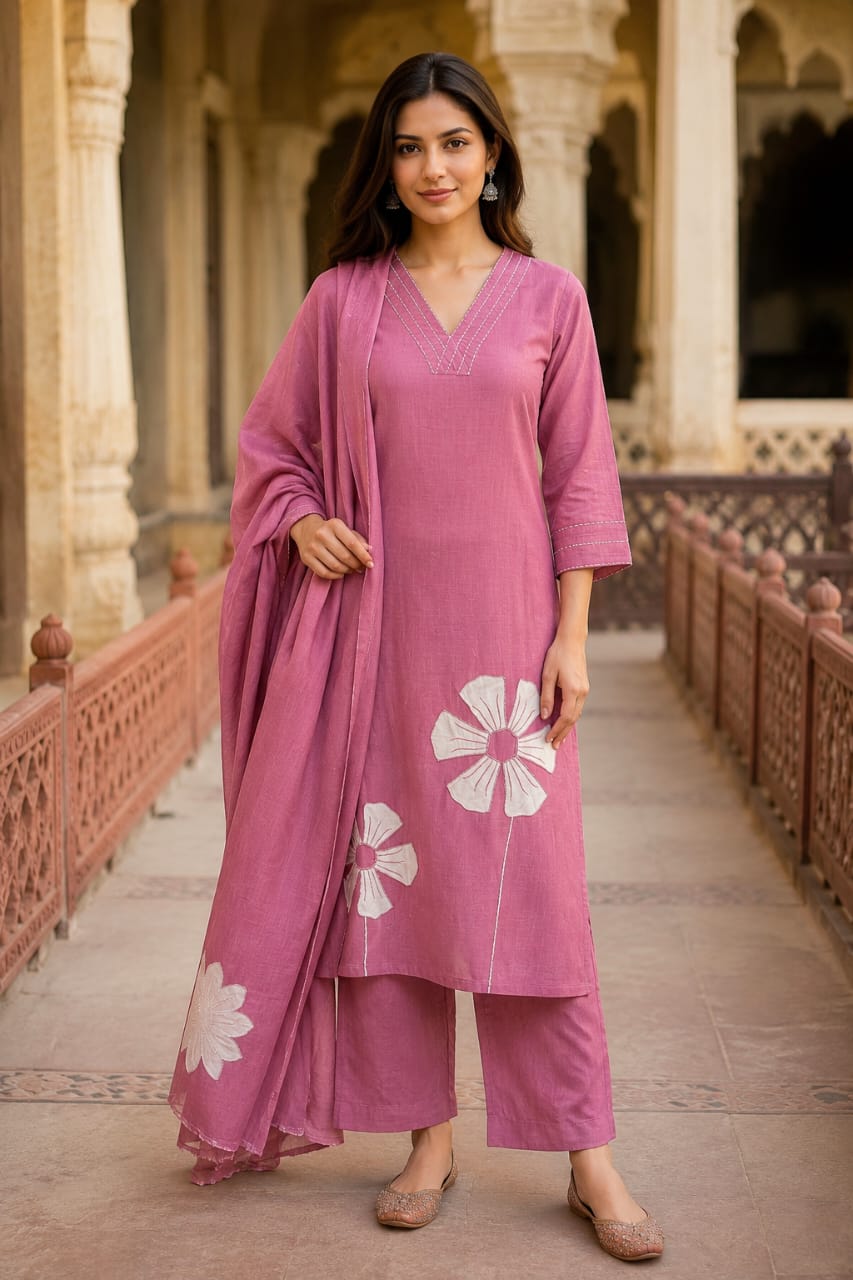 Women's Pink Cotton Kurta Set with Dupatta | Floral Embroidery Ethnic Wear | Premium Cotton 3-Piece Suit | Erisha