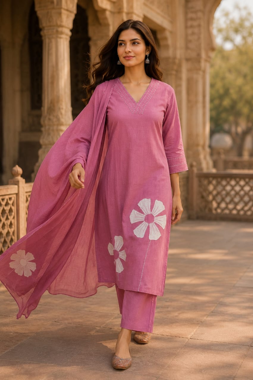 Women's Pink Cotton Kurta Set with Dupatta | Floral Embroidery Ethnic Wear | Premium Cotton 3-Piece Suit | Erisha