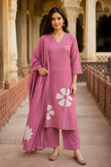 Women's Pink Cotton Kurta Set with Dupatta | Floral Embroidery Ethnic Wear | Premium Cotton 3-Piece Suit | Erisha