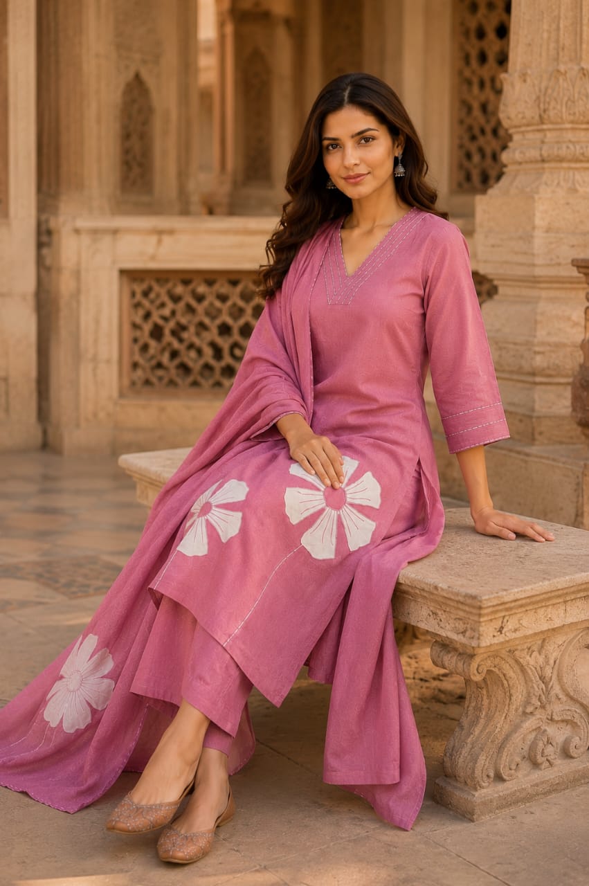 Women's Pink Cotton Kurta Set with Dupatta | Floral Embroidery Ethnic Wear | Premium Cotton 3-Piece Suit | Erisha