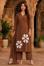 Brown Floral Applique work Kurta Pant Set with Dupatta for Women | Premium Cotton Slub Ethnic Wear | Erisha