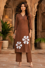 Brown Floral Applique work Kurta Pant Dupatta Set for Women | Premium Cotton Slub Ethnic Wear | Erisha