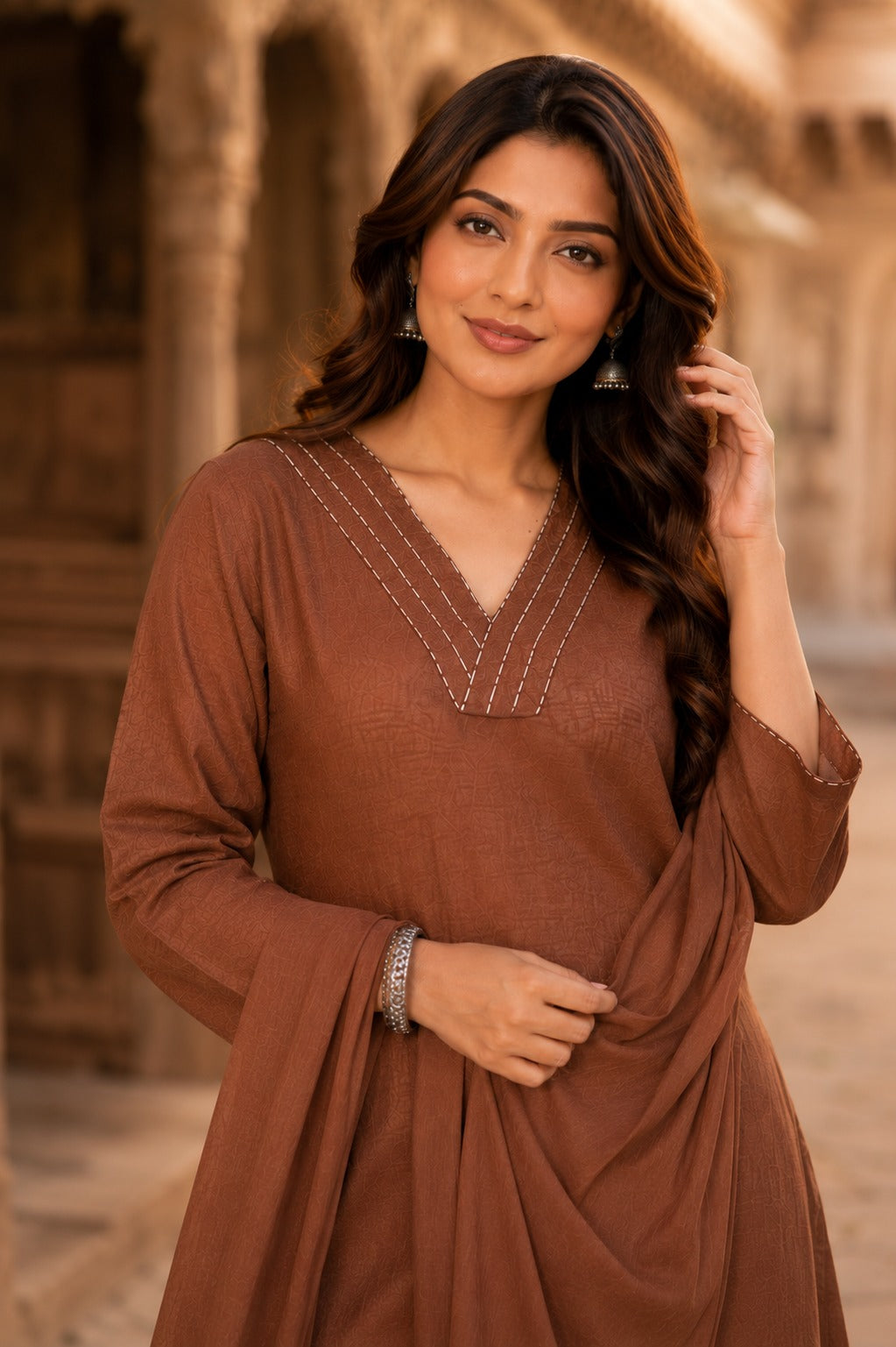 Brown Floral Applique work Kurta Pant Dupatta Set for Women | Premium Cotton Slub Ethnic Wear | Erisha