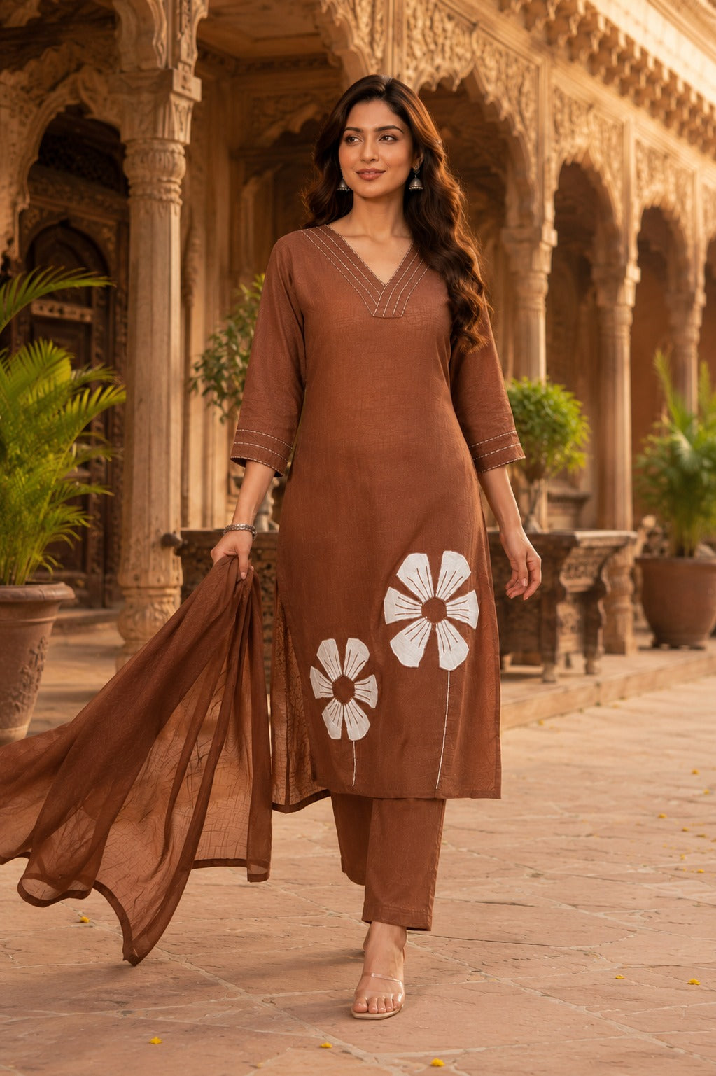 Brown Floral Applique work Kurta Pant Dupatta Set for Women | Premium Cotton Slub Ethnic Wear | Erisha