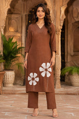 Brown Floral Applique work Kurta Pant Dupatta Set for Women | Premium Cotton Slub Ethnic Wear | Erisha