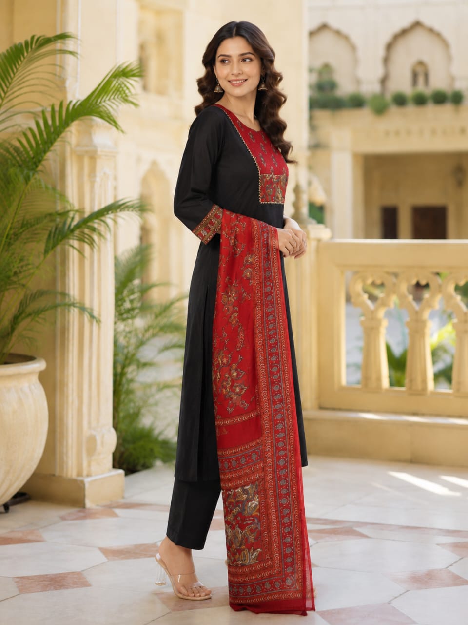 Black Cotton Kurta Pant Set with Dupatta for Women | Straight Fit Ethnic Suit Set | Festive & Office Wear