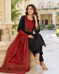 Black Cotton Kurta Pant Set with Rust Printed Dupatta for Women | Straight Fit Ethnic Suit Set | Festive & Office Wear