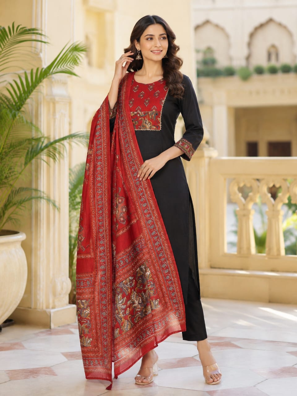 Black Cotton Kurta Pant Set with Rust Printed Dupatta for Women | Straight Fit Ethnic Suit Set | Festive & Office Wear