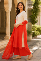 Women's Pure Cotton Orange Ombre Kurta Pant Dupatta Set with Hand Work | Ethnic 3 Piece Suit Set | Festive & Casual Wear