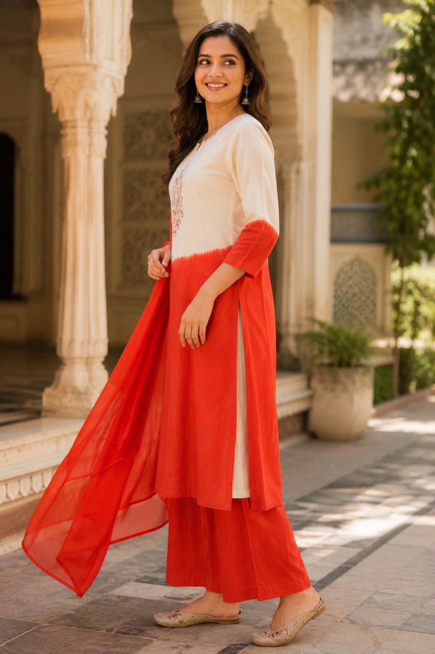 Women's Pure Cotton Orange Ombre Kurta Pant Dupatta Set with Hand Work | Ethnic 3 Piece Suit Set | Festive & Casual Wear