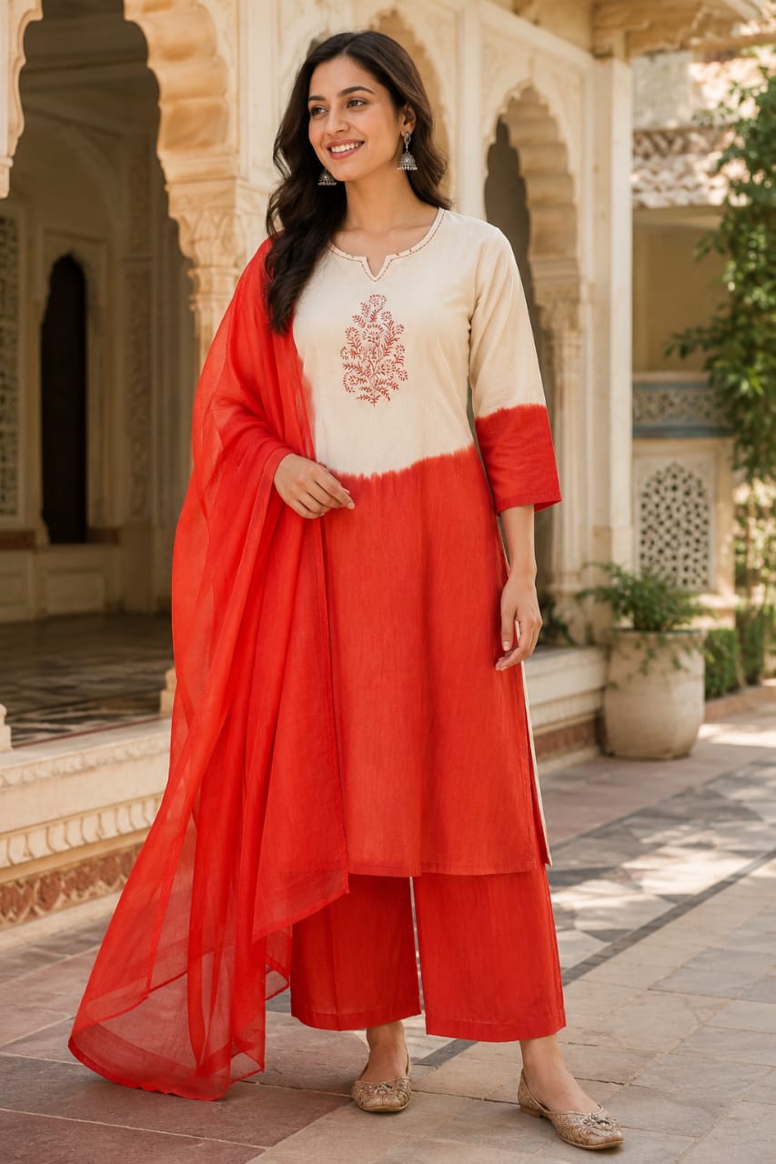 Women's Pure Cotton Orange Ombre Kurta Pant Dupatta Set with Hand Work | Ethnic 3 Piece Suit Set | Festive & Casual Wear