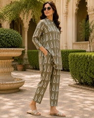Women's Olive Green Printed Co-Ord Set | Shirt Style 32 Inch Top & Straight Pants | Premium Cotton Casual fusion Wear